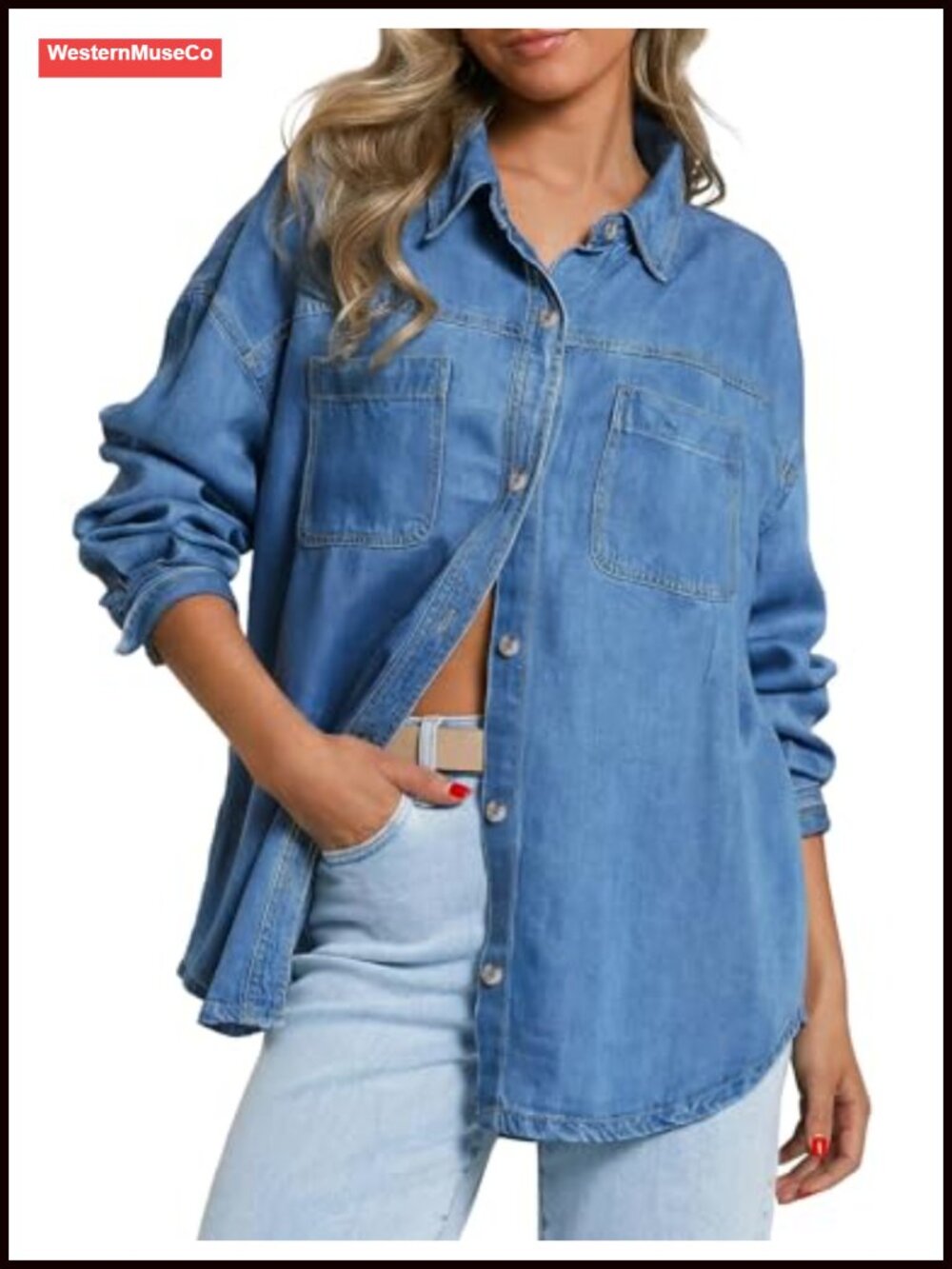 Oversized Western Button Down Denim Shirt Long Sleeve Cotton Jean Blouse